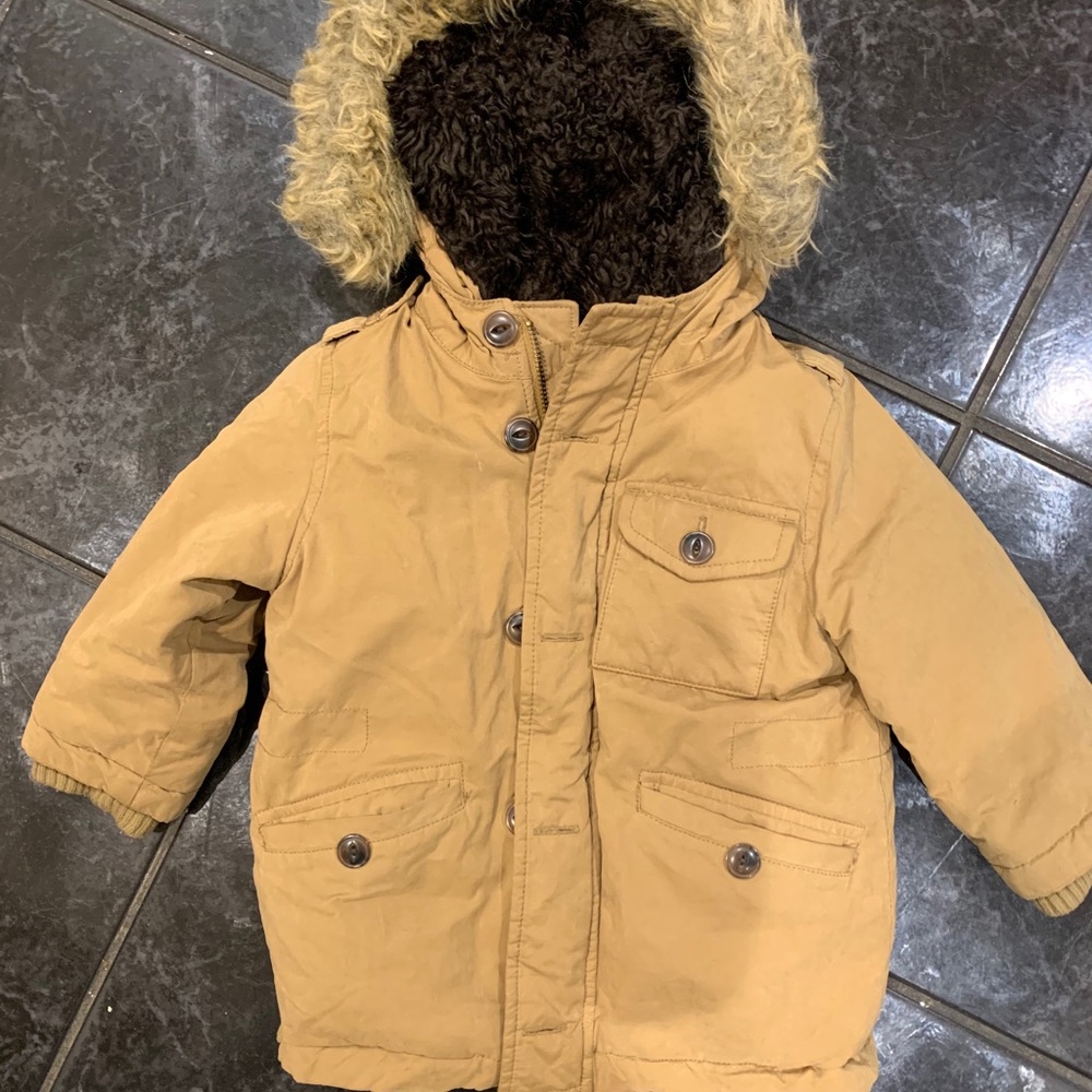 Gap toddler button and zip coat with faux fur hood
